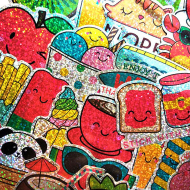 100 Pcs Food Mixed Sparkle Stickers Cute Mug Bike Car Wall Decals