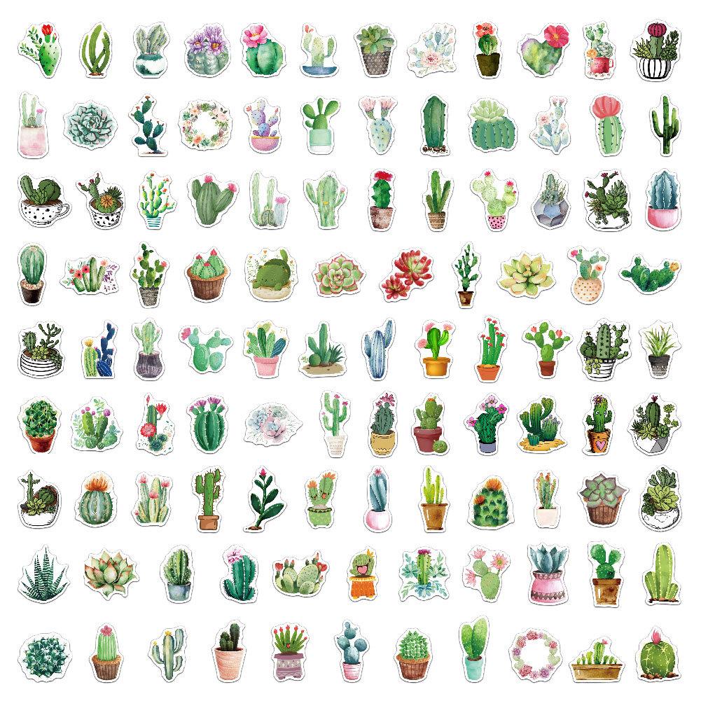 100 Pcs Green Cactus Plant Waterproof Stickers Vinyl Luggage Decals