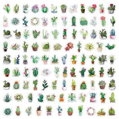 100 Pcs Green Cactus Plant Waterproof Stickers Vinyl Luggage Decals