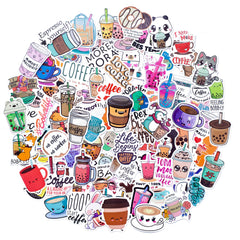 100 Pcs Pearl Milk Tea Coffee Stickers Cartoon Graffiti Water Bottle Decals