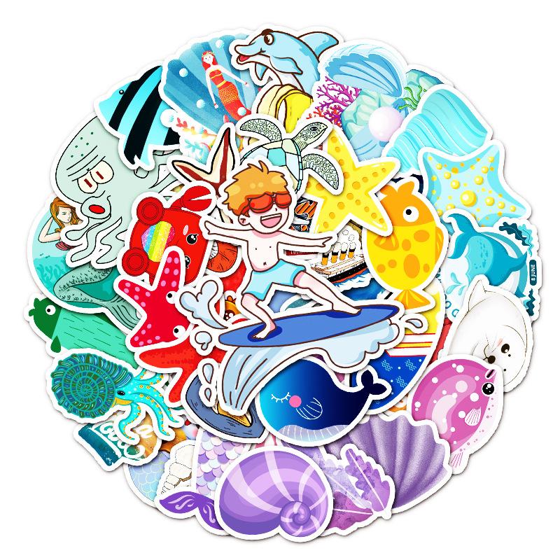 50 Pcs Adorable Ocean Vinyl Stickers for Cup Bike Skateboard Luggage