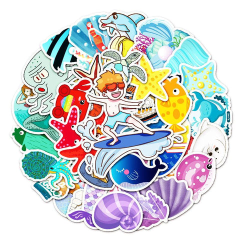 50 Pcs Adorable Ocean Vinyl Stickers for Cup Bike Skateboard Luggage