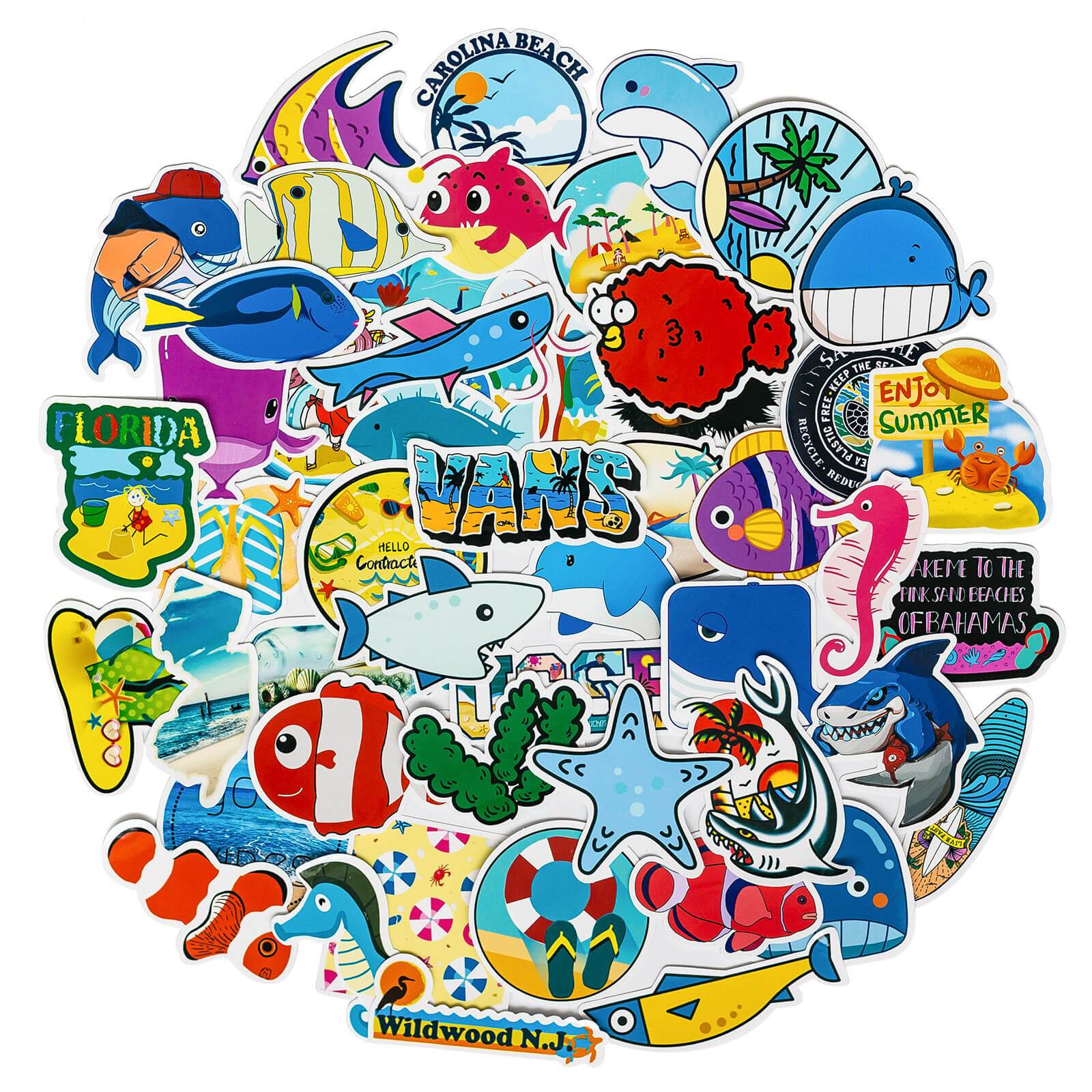 50 Pcs Beach Stickers Cartoon Shark Waterproof Vinyl Decals for Laptop