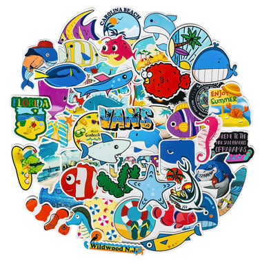 50 Pcs Beach Stickers Cartoon Shark Waterproof Vinyl Decals for Laptop