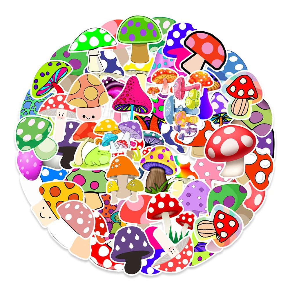 50 Pcs Cartoon Colorful Mushroom Stickers Cute Luggage Water Bottle Decals