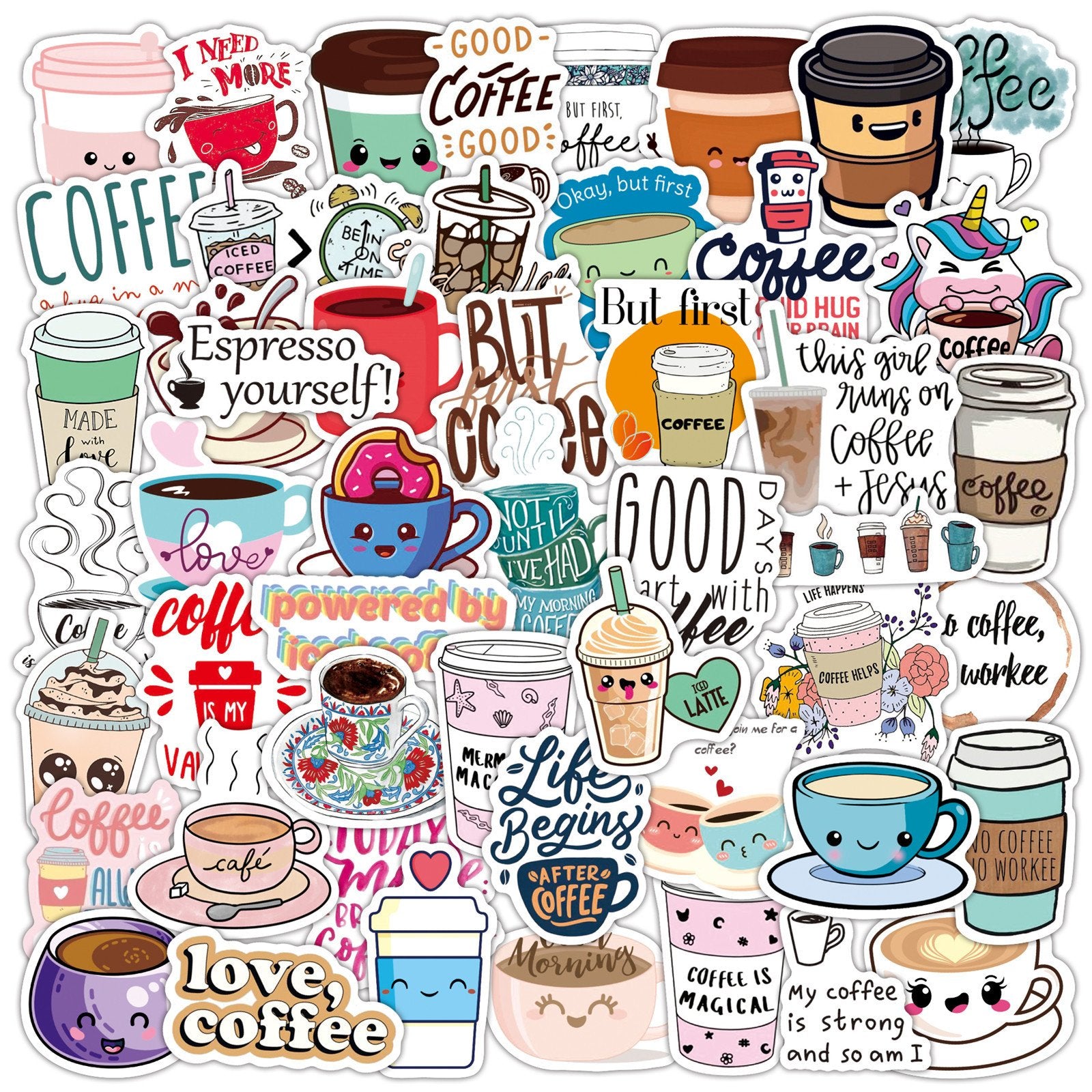 50 Pcs Coffee Cartoon Stickers Cute Coffee Graffiti Laptop Luggage Decals