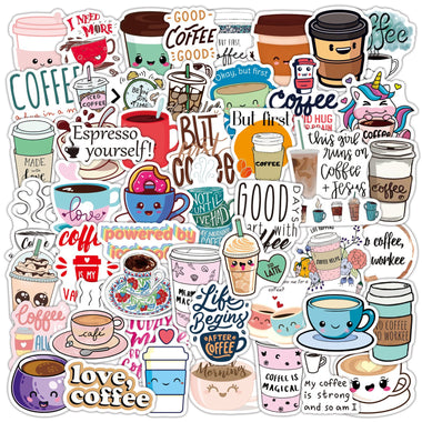 50 Pcs Coffee Cartoon Stickers Cute Coffee Graffiti Laptop Luggage Decals