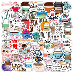 50 Pcs Coffee Cartoon Stickers Cute Coffee Graffiti Laptop Luggage Decals