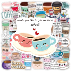 50 Pcs Coffee Cartoon Stickers Cute Coffee Graffiti Laptop Luggage Decals
