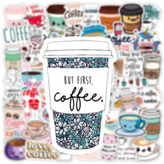 50 Pcs Coffee Cartoon Stickers Cute Coffee Graffiti Laptop Luggage Decals