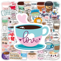 50 Pcs Coffee Cartoon Stickers Cute Coffee Graffiti Laptop Luggage Decals