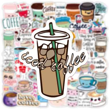 50 Pcs Coffee Cartoon Stickers Cute Coffee Graffiti Laptop Luggage Decals