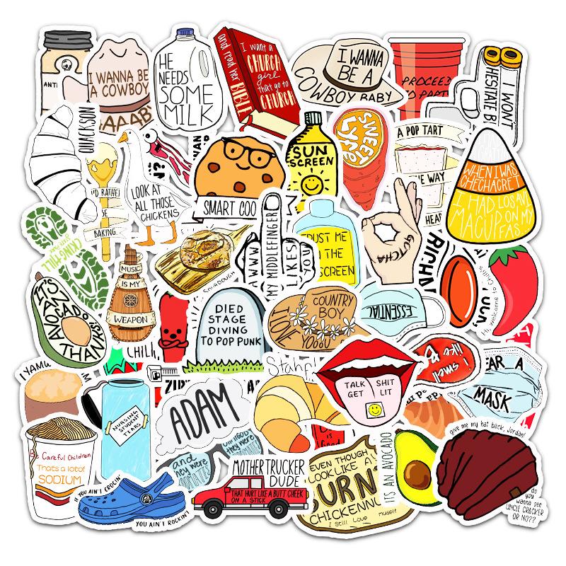 50 Pcs Food Text VSCO Stickers Vinyl Cute Cartoon Guitar Pizza  Decal Stickers