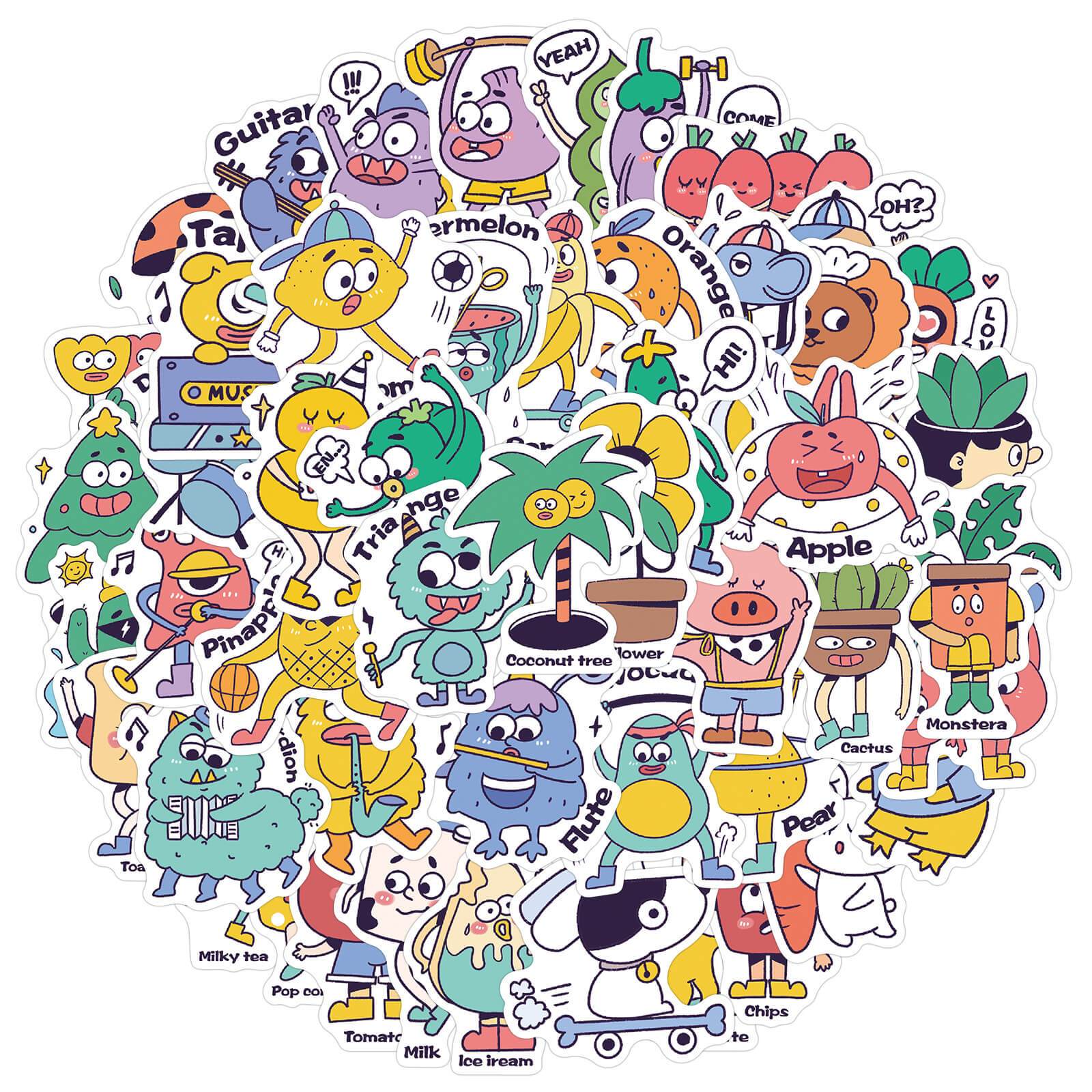 50 Pcs Lovely Fruits Vegatables Cartoon Stickers Waterproof Vinyl Decals