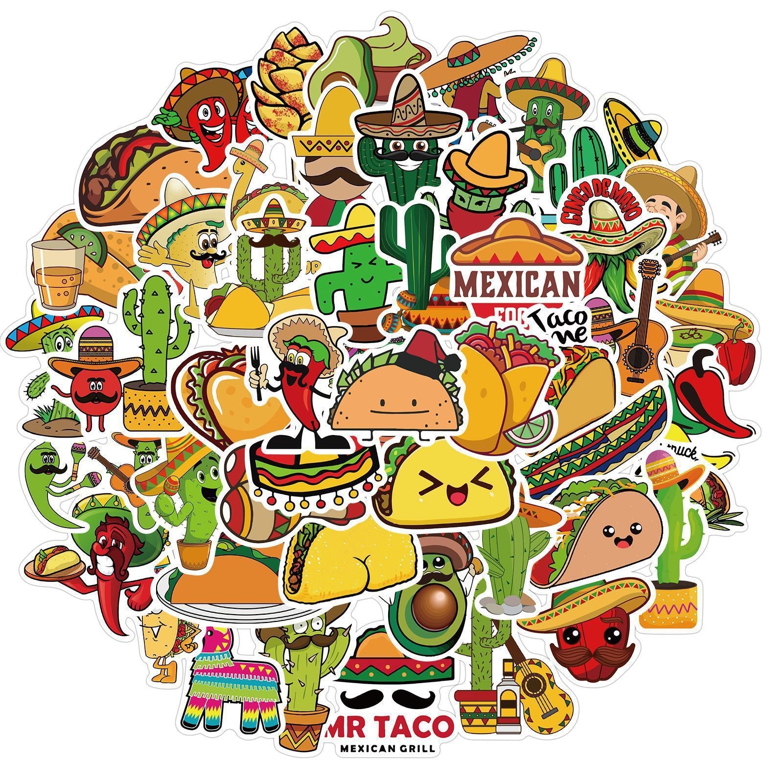50 Pcs Mexican Style Food Stickers Vinyl Cute Cartoon Guitar Pizza  Decal Stickers