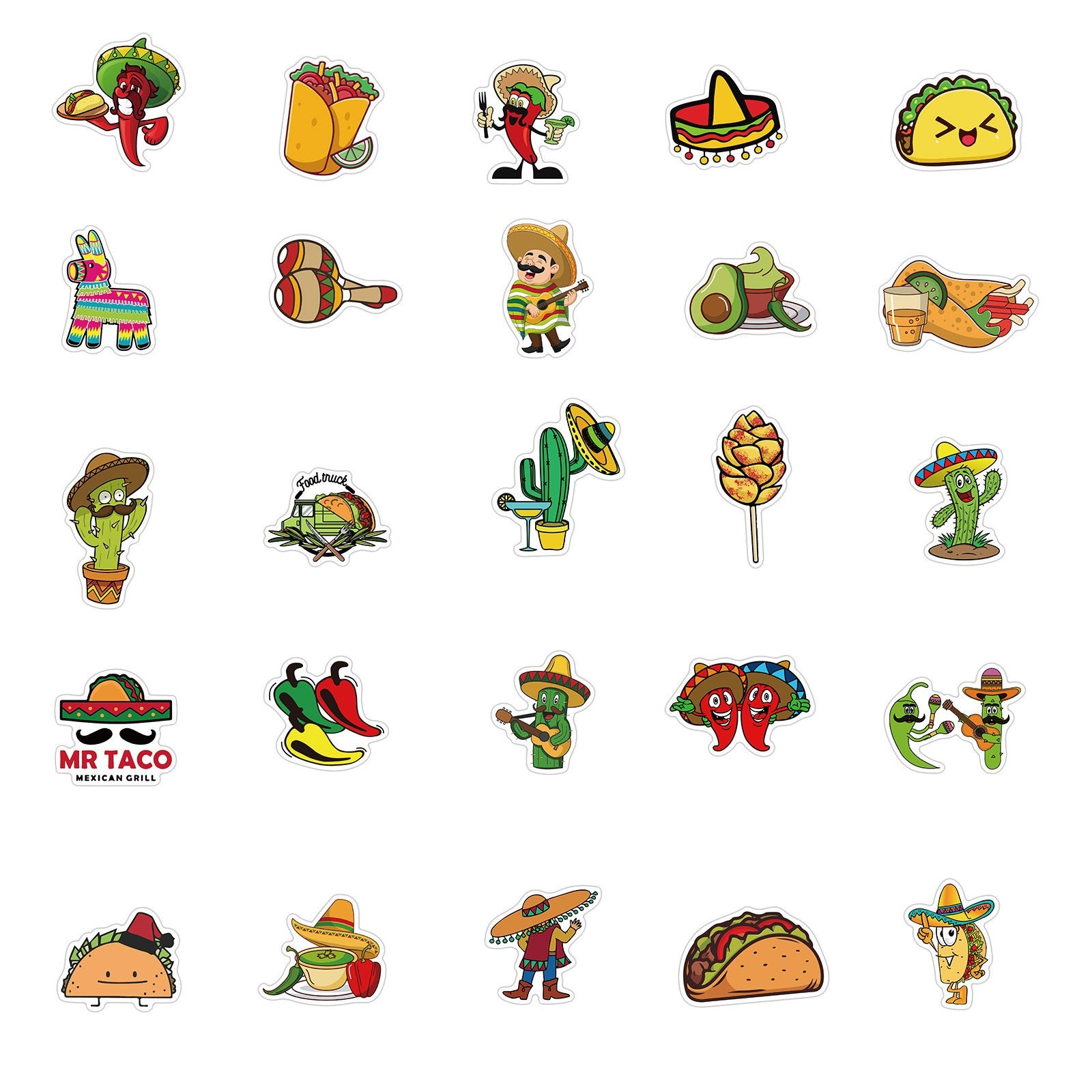 50 Pcs Mexican Style Food Stickers Vinyl Cute Cartoon Guitar Pizza  Decal Stickers