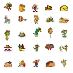 50 Pcs Mexican Style Food Stickers Vinyl Cute Cartoon Guitar Pizza  Decal Stickers