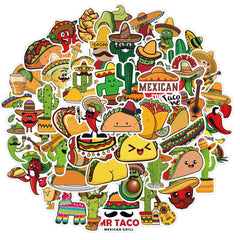 50 Pcs Mexican Style Food Stickers Vinyl Cute Cartoon Guitar Pizza  Decal Stickers