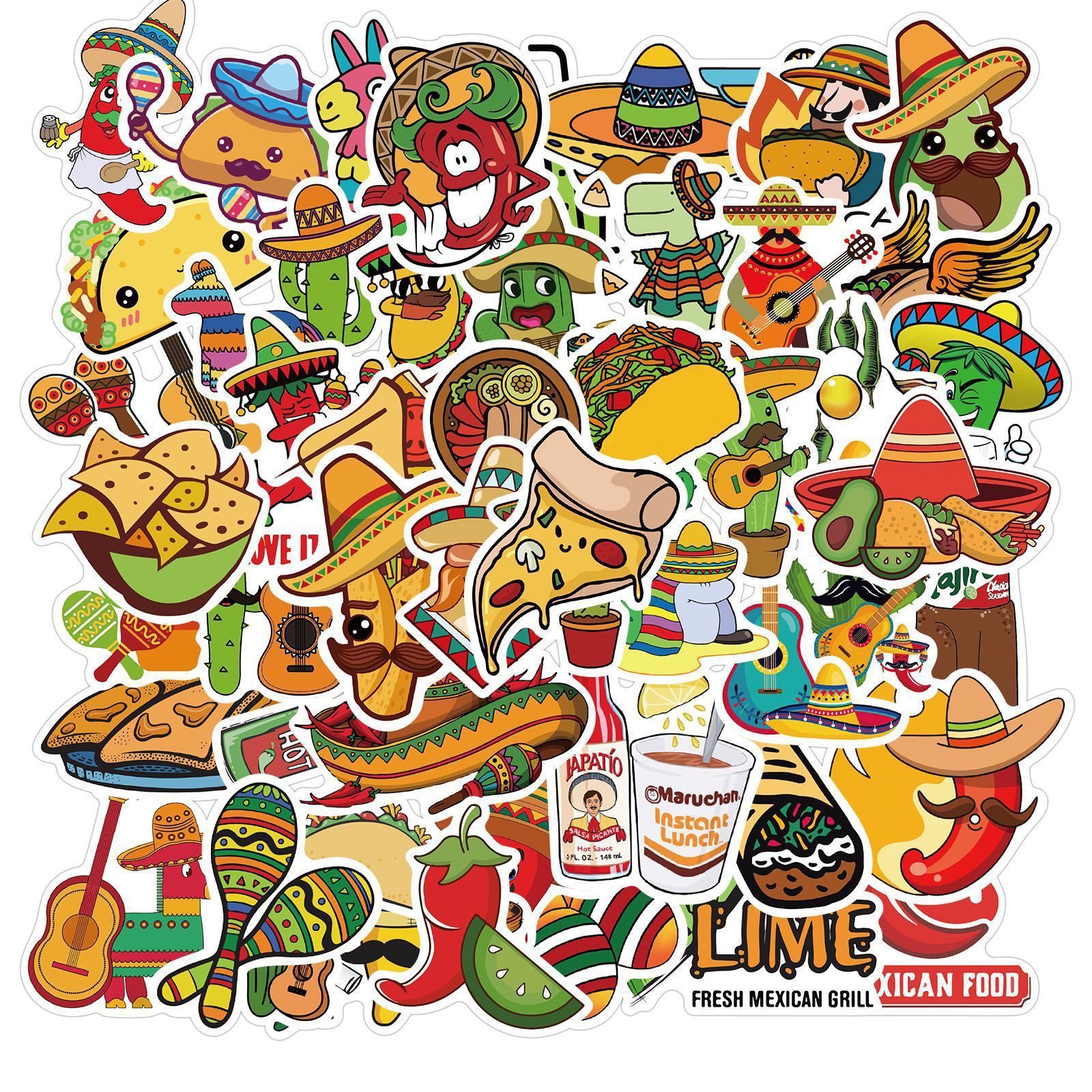 50 Pcs Mexican Style Food Stickers Waterproof Cute Cartoon Guitar Pizza  Decal Stickers