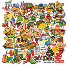 50 Pcs Mexican Style Food Stickers Waterproof Cute Cartoon Guitar Pizza  Decal Stickers