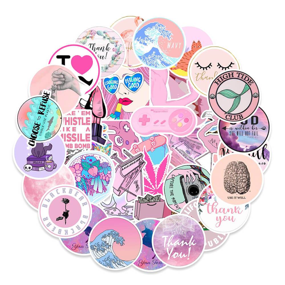 50 Pcs Pink Girl Heart Doodle Stickers Cell Phone Stationery Laptop PVC Waterproof Stickers