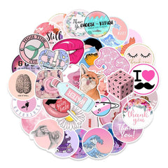 50 Pcs Pink Girl Heart Doodle Stickers Cell Phone Stationery Laptop PVC Waterproof Stickers