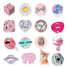 50 Pcs Pink Girl Heart Doodle Stickers Cell Phone Stationery Laptop PVC Waterproof Stickers