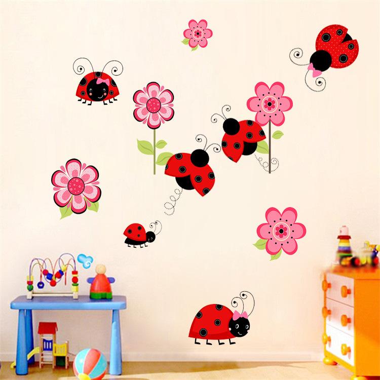Cute Ladybug and Flower Waterproof Wall Stickers DIY Removable Wall Decals